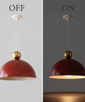 MIELPOXS Modern Dome Pendant Light Iron Metal Hanging Ceiling Fixture shown in off and on states, featuring red dome and gold accent.