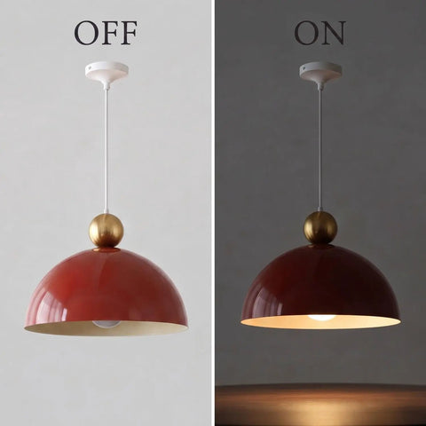 MIELPOXS Modern Dome Pendant Light Iron Metal Hanging Ceiling Fixture shown in off and on states, featuring red dome and gold accent.