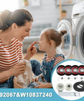 Mother and child doing laundry with 4392067 Dryer Repair Kit & W10837240 Idler Pulley, featuring rollers, belt, and parts for Whirlpool dryers.