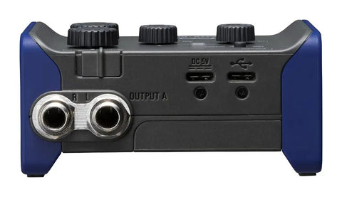 Rear view of AMS 24 USB Audio Interface For Musicians And Podcasters With 2 Inputs 4 Outputs Loopback Direct Monitoring And Bus Power.