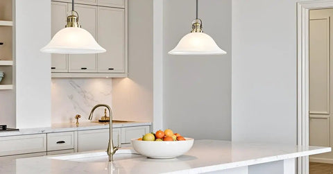 Etched Alabaster Glass Shade For Medium Base Lamps, Classic Bowl Style Replacement seen in pendant lighting over kitchen counter