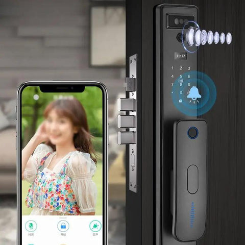 Smart Door Lock with Fingerprint Smart Lock Visual Intercom and Night Vision Camera for Secure Entry.