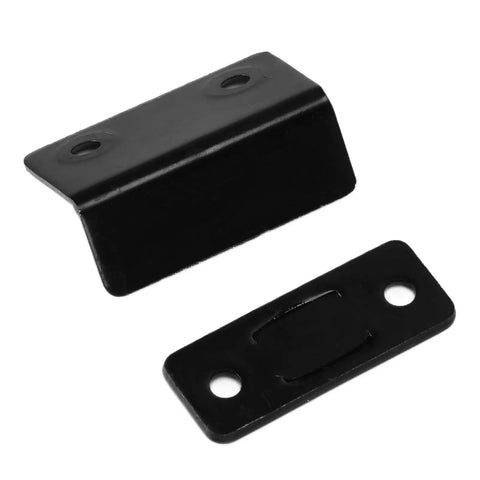 Heavy Duty Magnetic Cabinet Catch 8 Pack L Shaped Black Brackets With Strong Adhesive For Kitchen Doors Drawers And Cupboards No More Slamming - two black catches with mounting holes.