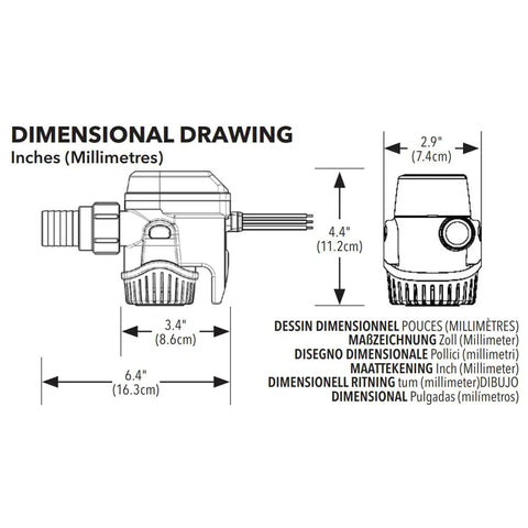 Dimensional drawing of Automatic Submersible Bilge Pump 12V RM1100B 1100 GPH With Auto Sense Intelligence, showing size in inches.