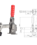 Straight Up Pro Grade Welding Clamp And Positioning Jig Made From 304 Stainless Steel shown with red handle and dimensions.