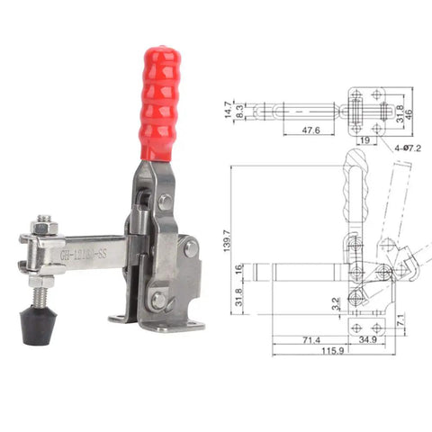 Straight Up Pro Grade Welding Clamp And Positioning Jig Made From 304 Stainless Steel shown with red handle and dimensions.