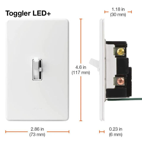 Ivory Toggle Dimmer Switch With Smooth Glide Lever For Led Halogen And Incandescent Bulbs 150 Watt Single Pole Or 3 Way No Sweat Installation side and front view