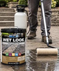 Pro Grade High Gloss Wet Look Concrete Paver Sealer Solvent Based Acrylic Formula in use on paver surface outdoors.