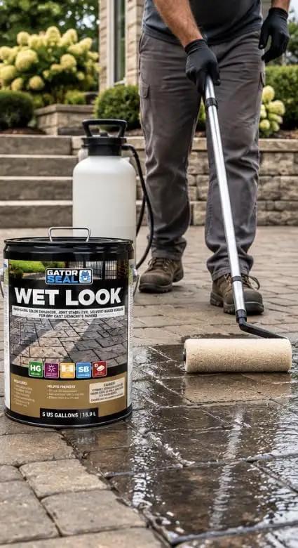 Pro Grade High Gloss Wet Look Concrete Paver Sealer Solvent Based Acrylic Formula in use on paver surface outdoors.