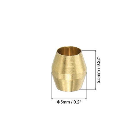 Brass 1/8 inch ID compression sleeve ferrule; conical fitting for water/oil/air pipes, 5 mm OD, 5.5 mm tall.