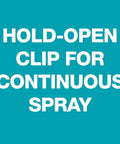 Text reads 'Hold-open clip for continuous spray' on blue background, referencing Full Size Zinc Pistol Grip Garden Hose Nozzle With Threaded Front Silver Metal Construction Beefy Heavy Duty Water Sprayer With Flow Control Dial And Rear Control For Cleaning Tasks
