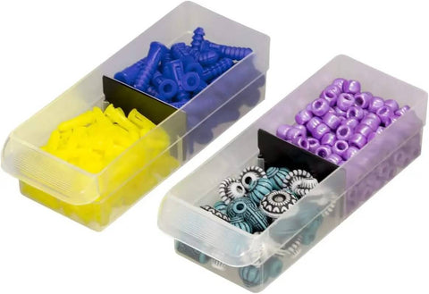 Pro Move 44 Drawer Plastic Parts Storage Cabinet For Garage Organization With Heavy Duty High Impact Build For Quick Hardware Access And Small Parts Sorting Done Right Yellow Made In Usa - Clear organizer with yellow, blue, and purple parts.
