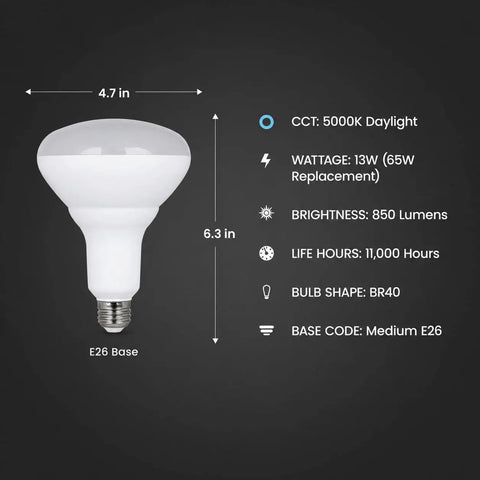 Diagram of BR40 LED Flood Light Bulbs Dimmable 13W 65W Equivalent 850 Lumens 5000K Daylight E26 Base Damp Rated UL Listed Energy Saver