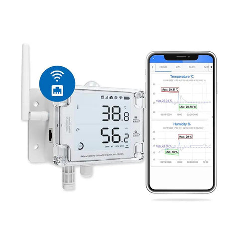 GS1 AETH1RS Ethernet And WiFi Temperature Humidity And Illumination Sensor With Data Logger shown beside smartphone with data display