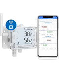 GS1 AETH1RS Ethernet And WiFi Temperature Humidity And Illumination Sensor with Data Logger next to smartphone displaying data.