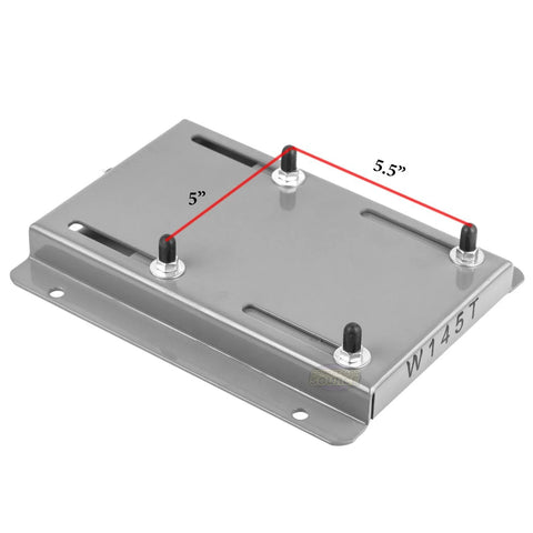 Adjustable 145T motor base mount plate with steel construction, measures 5.5 by 5 inches, designed for heavy-duty universal applications.