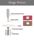 Diagram of 2mm Eyelet Hole Punch Die Tool With Grommet Setter and Hollow Punch Base showing parts and usage process.