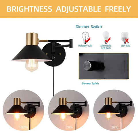 Plug In Wall Sconce With Swing Arm And Dimmer, Black Adjustable E26 Vanity Light For Indoor Bathroom, Bedroom, Hallway Or Living Room, 240 Degree Horizontal And 180 Degree Vertical Flex, Bulb Not Included displayed with dimmer settings and compatibility
