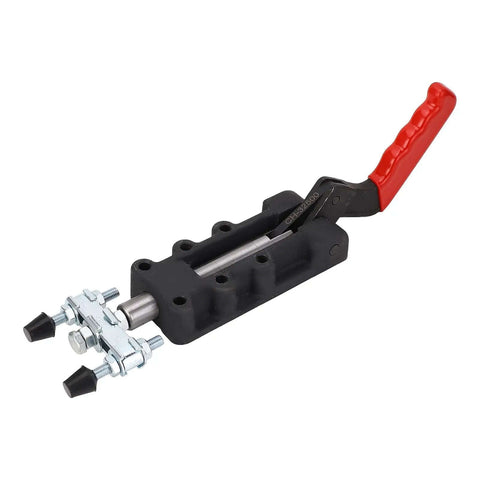 Beefy Double Head Push Pull Clamp, 2500kg Capacity and 75mm Stroke, Heavy Duty Toggle Weld Clamp, red handle, side view