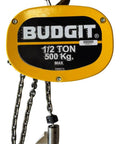 Budgit 1/2 ton air hoist with yellow housing, steel chains, and bottom hook