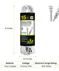 15ft Heavy Duty Extension Cord With 3 Outlets Grounded Plug Flush Fit Design That Sits Tight Against Walls 16/3 SPT-3 Contractor Grade Ideal For Home And Small Appliances packaging shown with dimensions and material specifications.