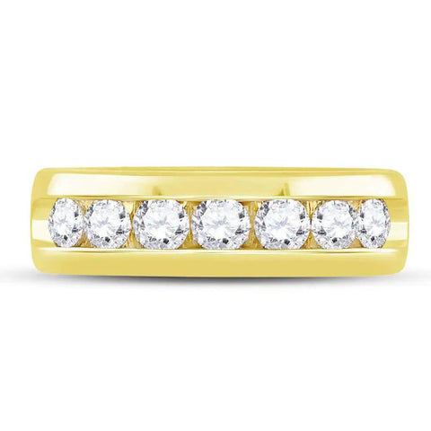 Legit Solid 14K Yellow Gold Men's Wedding Channel Band Ring Featuring Machine Set 1.50 Carat Round Diamonds For A Smooth Comfort Fit In Size Ten top view.