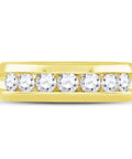 Solid 14K Yellow Gold Mens Wedding Ring With Slick Channel Design Natural Round Diamonds One Point Five Cttw Top Shelf Comfort Fit showing diamond details.