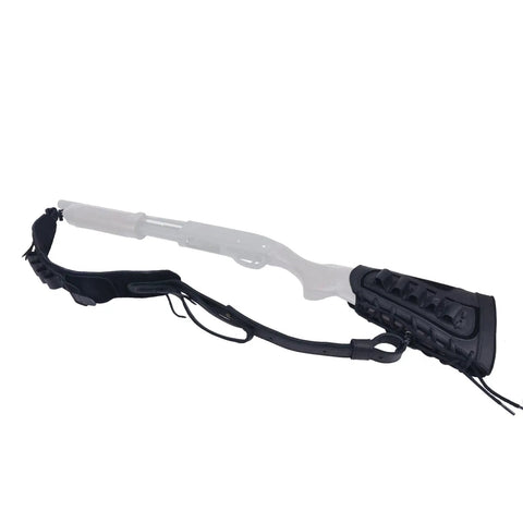 Premium Leather Gun Shell Holder Buttstock With Matched Rifle Sling For Left Hand Use in Black shown from side angle