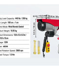 Ultra Heavy Duty Electric Hoist For Shop Use Supports Up To 800 Kilo Load With Wired And Wireless Remote Control dimensions and specifications shown