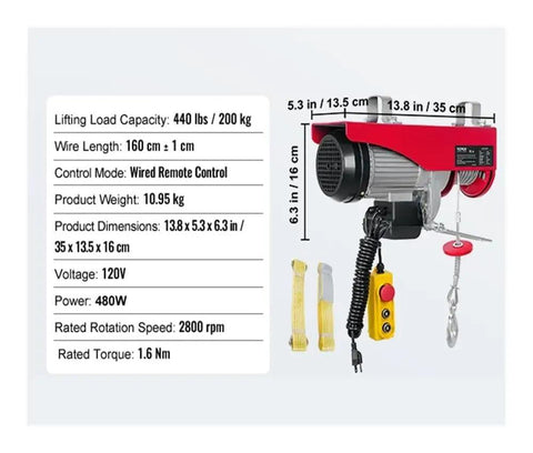 Ultra Heavy Duty Electric Hoist For Shop Use Supports Up To 800 Kilo Load With Wired And Wireless Remote Control dimensions and specifications shown