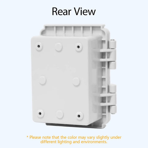 Rear view of Rugged IP67 Waterproof Electrical Junction Box With Hinged Cover And Stainless Steel Latch, ABS Plastic Enclosure, Grey.
