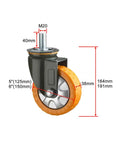 Heavy Duty Swivel Casters With Dual Lock Brakes 5 Inch PU Rubber Wheels 4 Pack showcasing detailed dimensions and design.