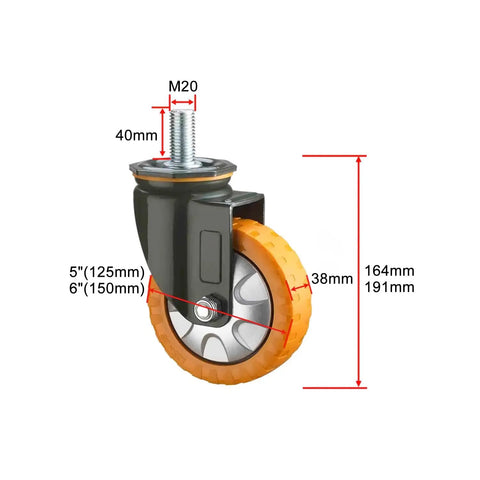 Heavy Duty Swivel Casters With Dual Lock Brakes 5 Inch PU Rubber Wheels 4 Pack showcasing detailed dimensions and design.