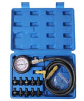 Front view of oil pressure tester kit in blue case with 3-inch dual-scale gauge (0-140 PSI) and hoses/adapters