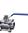 Heavy Duty 304 Stainless Steel Three Section Full Port Ball Valve With Handle BSPT Female For Water Gas Oil Lines DN100 Four Inch BSP Works From One Quarter To Two Inch Size Durable Industrial Grade Valve, angled view
