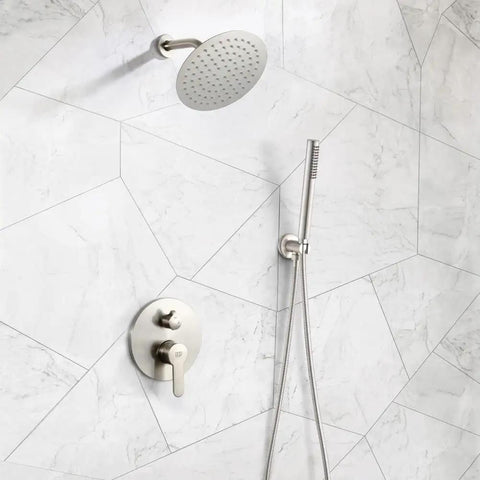 Brushed Nickel Shower System With 8 Inch Rainfall Head Wall Mounted Faucet Set Complete Trim Kit Rough In Valve Body All Metal Construction Corrosion Resistant Sick Water Pressure Even at Low Flow Upgrade Your Bath, mounted on marble wall.