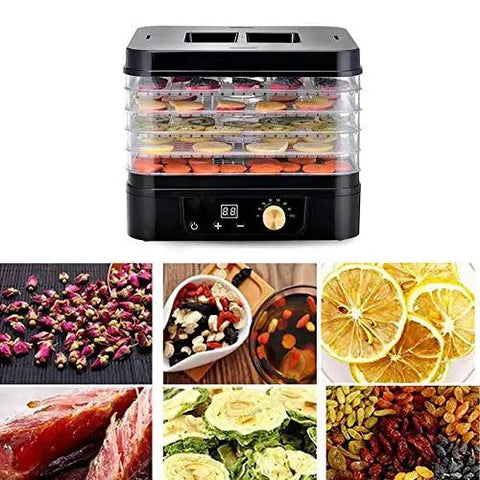 Professional Beast Mode Electric Food Dehydrator With 5 Stackable Trays And Digital 48 Hour Timer Adjustable Temp, displayed with layered fruits.