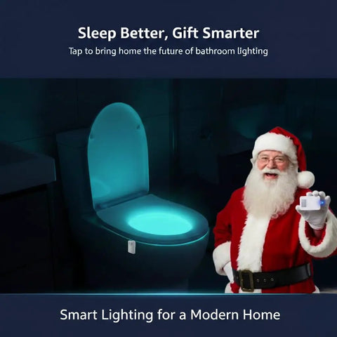 Santa holding Rechargeable Toilet Night Light With Motion Activated Sensor glowing in blue bathroom setting