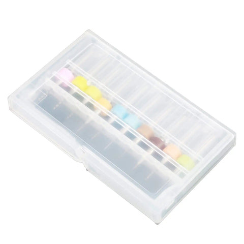 Clear plastic case containing Ten Piece Tungsten Carbide Micro Drill Bit Set 0.1mm To 1.0mm For PCB Circuit Board Drilling.
