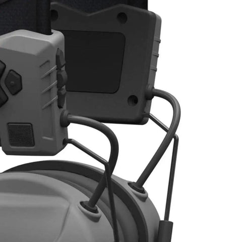 Close-up of Xcel Digital Electronic Hearing Protection Earmuffs With Bluetooth And Voice Clarity for hunters and range shooters gray
