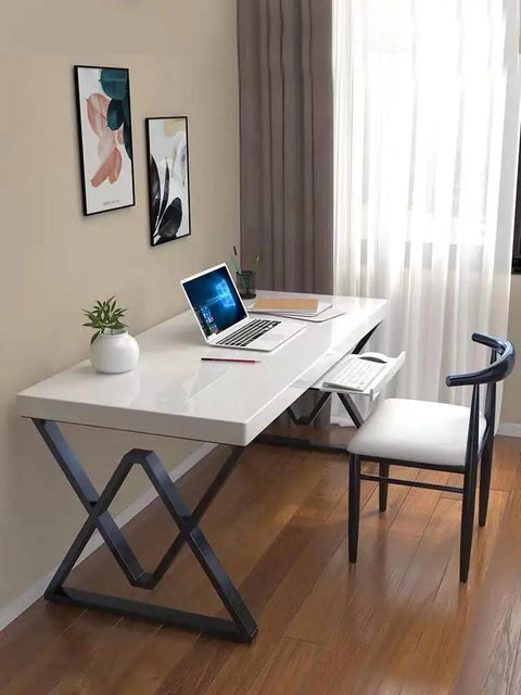 Beefy Industrial Modern Metal Table Legs 28 Inch High 24 Inch Wide DIY Dining Coffee Desk Workbench Base Black Set Of 2 Heavy Duty Supports Up To 800 Lbs Capacity supporting a white desk.