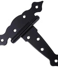 Bulletproof Black Iron T Hinge For Barn Doors, top view of black iron hinge with decorative edges and bolt holes for installation.