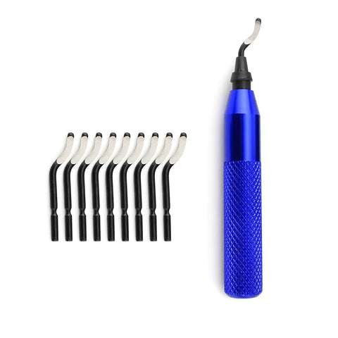 Ultimate YxGood Hand Deburring Tool Kit With 10 Extra Sharp Replaceable Blades, blue handle, ideal for trimming wood and plastic.