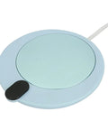 Electric mug warmer in light blue, features auto shutdown safety, designed to keep your drinks hot, compact for office use.