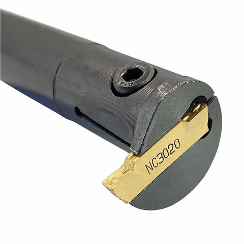 Close-up of Heavy Duty Lathe Grooving Tool Holder Set For Steel With MGMN150 And MGMN200 Carbide Inserts, showing insert placement.