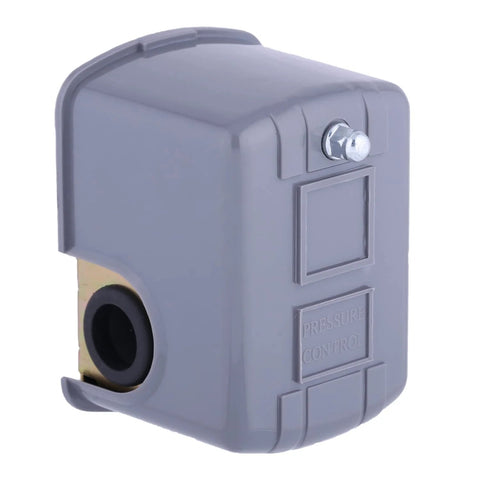 Front view of Pumptrol 30-50 psi pressure switch for well pump in gray plastic housing.