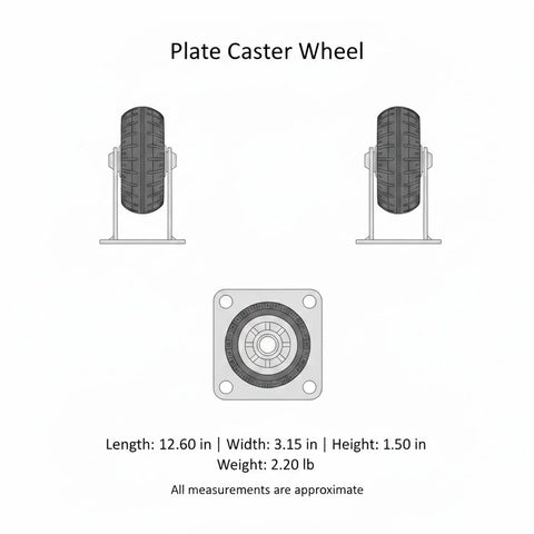 Heavy Duty Plate Caster With Brake For Hand Trucks And Industrial Carts, Solid Rubber Wheel dimensions and side view
