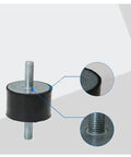 Heavy Duty Rubber Shock Absorber Mount With Metric Male To Male Rod Threads bobbin damper with silver metal rod and black rubber.
