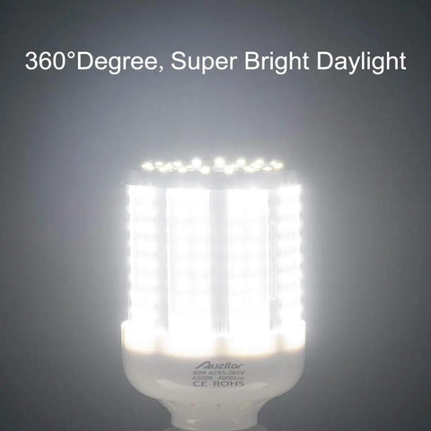 40W LED Corn Light Bulb 280W Equivalent 6500K Cool Daylight White E26 E27 Medium Base glowing with 360° bright light
