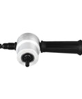 Super Fast Double Head Sheet Metal Nibbler Drill Attachment showing aluminum body and black handle for easy grip.